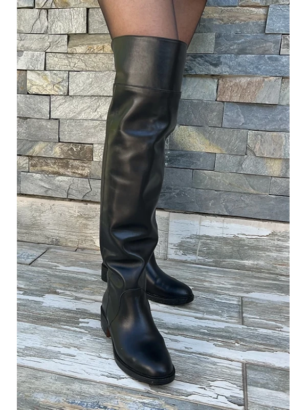 AHŞAP TABAN DETAYLI  UZUN ÇİZME SİYAH