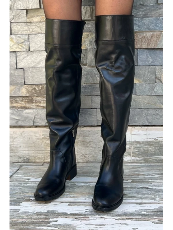 AHŞAP TABAN DETAYLI  UZUN ÇİZME SİYAH