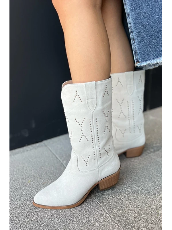 HAKİKİ DERİ SÜET WESTERN ÇİZME BEYAZ