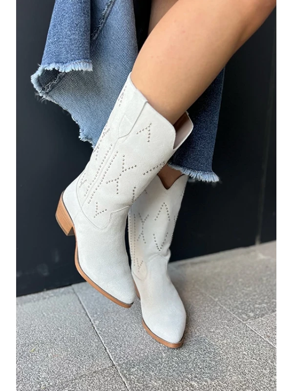 HAKİKİ DERİ SÜET WESTERN ÇİZME BEYAZ