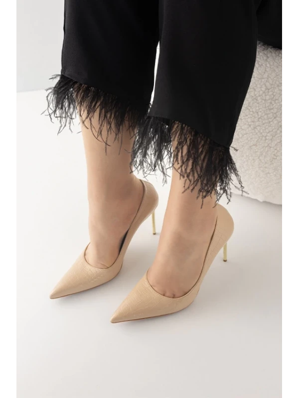 KROKO BASKI İĞNE TOPUK  BEJ