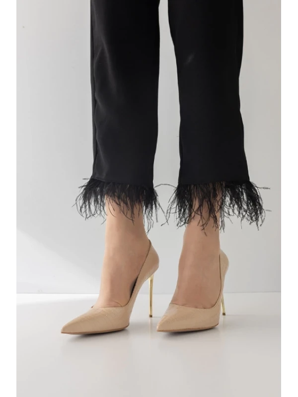 KROKO BASKI İĞNE TOPUK  BEJ