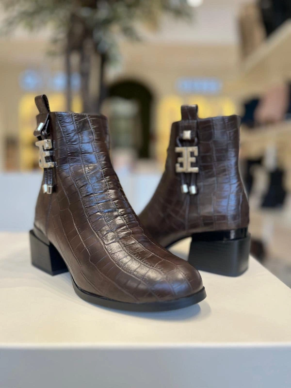 KROKO DETAY DERİ KADIN BOT KAHVE