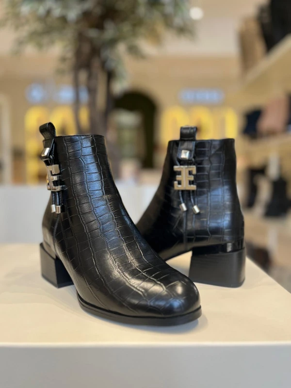 KROKO DETAY DERİ KADIN BOT SİYAH