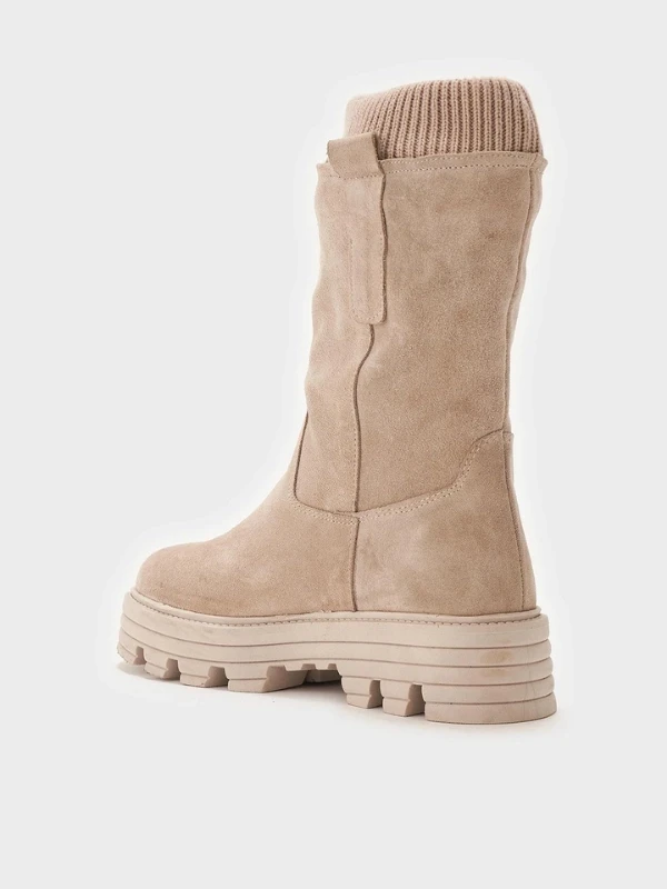 ÖRGÜ DETAYLI DERİ ÇİZME BEJ