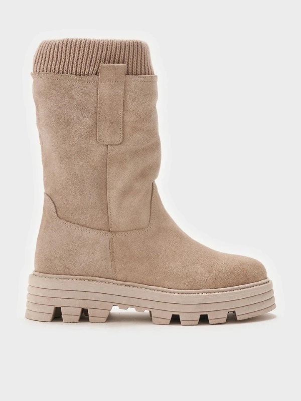 ÖRGÜ DETAYLI DERİ ÇİZME BEJ