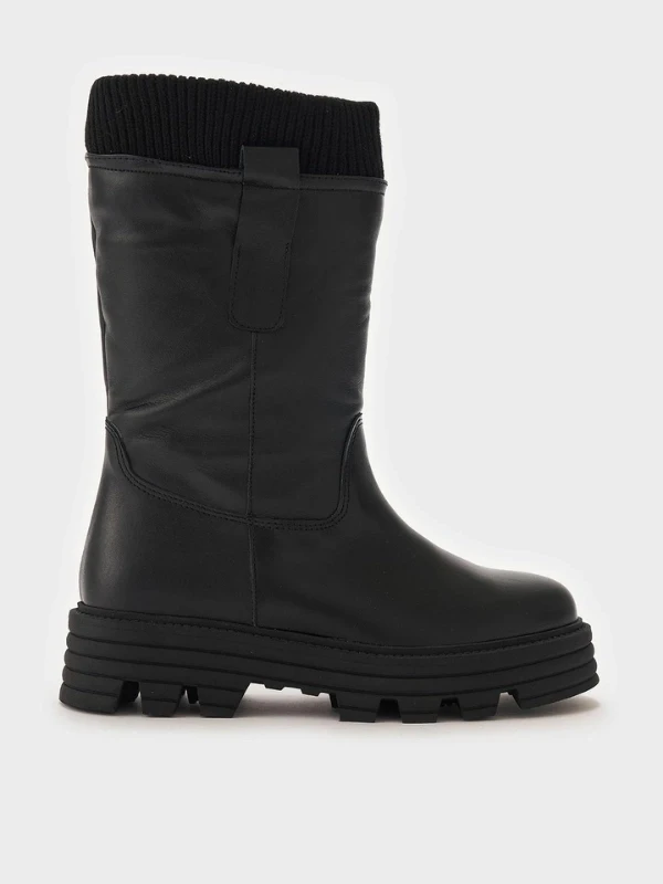 ÖRGÜ DETAYLI DERİ ÇİZME SİYAH