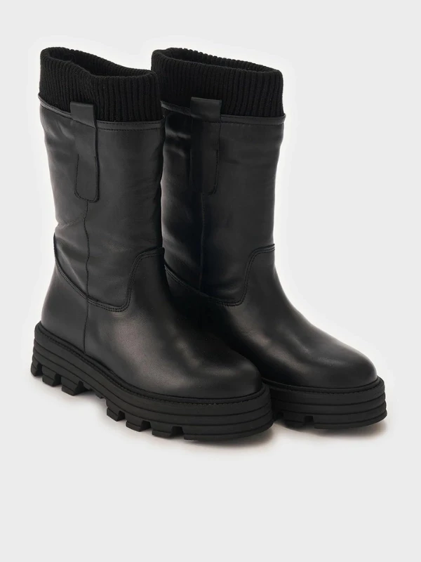 ÖRGÜ DETAYLI DERİ ÇİZME SİYAH