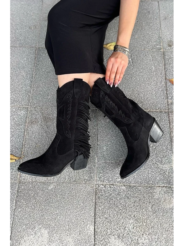 PÜSKÜLLÜ SÜET DALLAS ÇİZME SİYAH