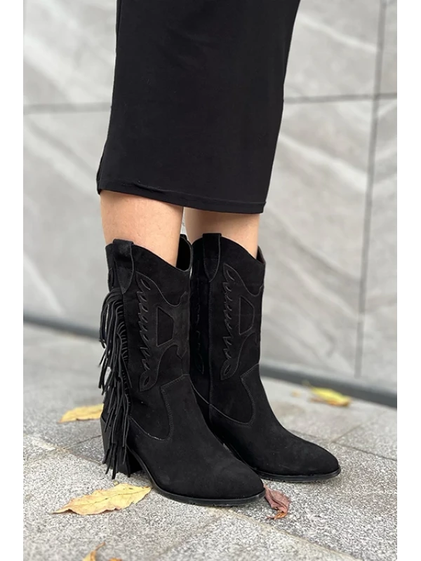 PÜSKÜLLÜ SÜET DALLAS ÇİZME SİYAH