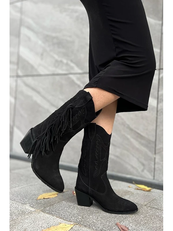 PÜSKÜLLÜ SÜET DALLAS ÇİZME SİYAH