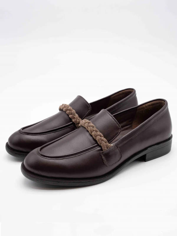 TAŞ DETAY DERİ LOAFER KAHVE