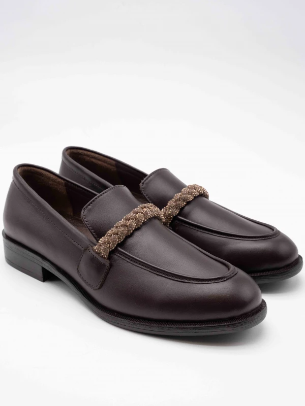 TAŞ DETAY DERİ LOAFER KAHVE