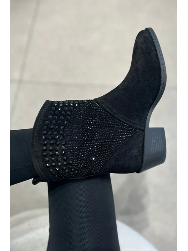 TAŞ DETAYLI SÜET KISA WESTERN BOT SİYAH