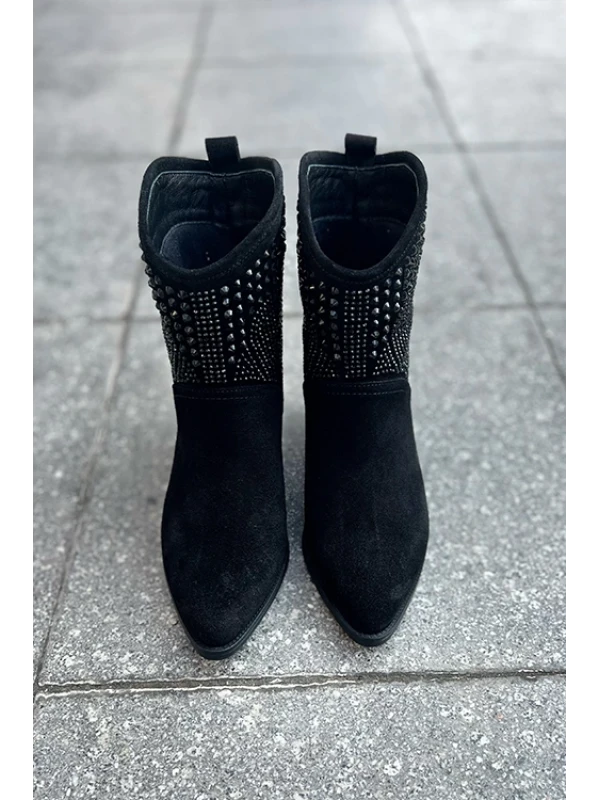 TAŞ DETAYLI SÜET KISA WESTERN BOT SİYAH