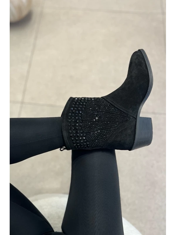 TAŞ DETAYLI SÜET KISA WESTERN BOT SİYAH