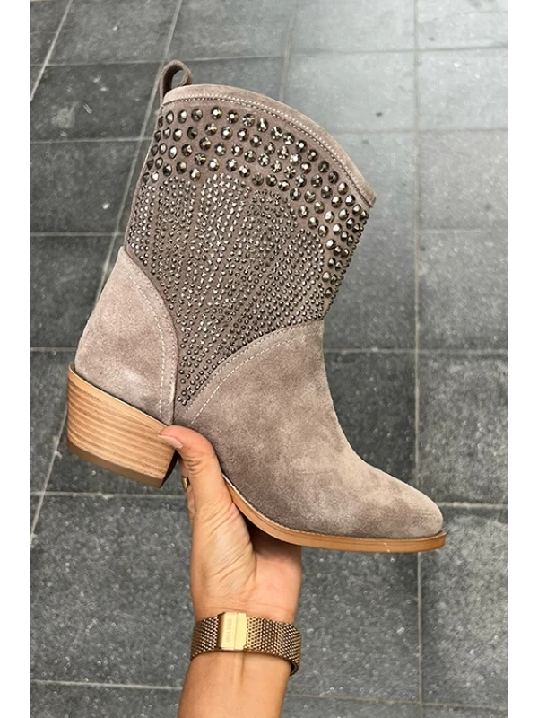 TAŞ DETAYLI SÜET KISA WESTERN BOT VİZON