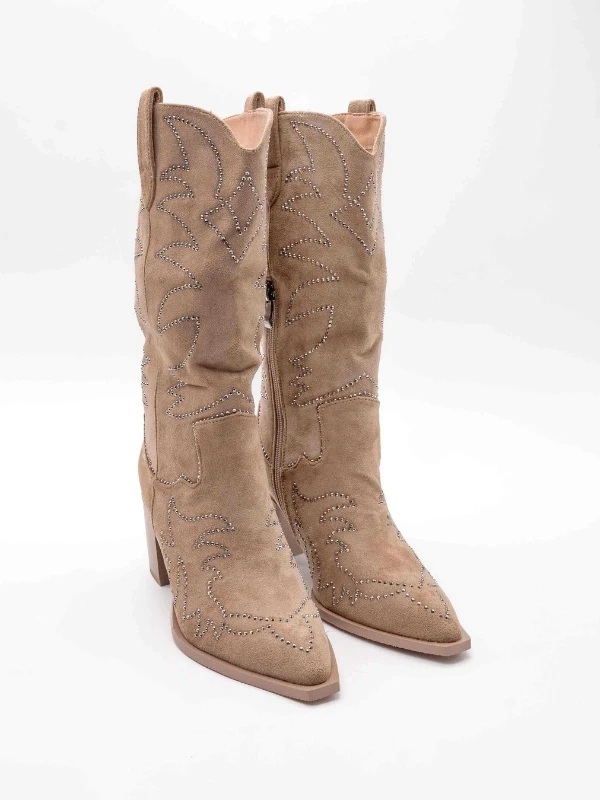 TAŞ DETAY TOPUKLU WESTERN BOT BEJ