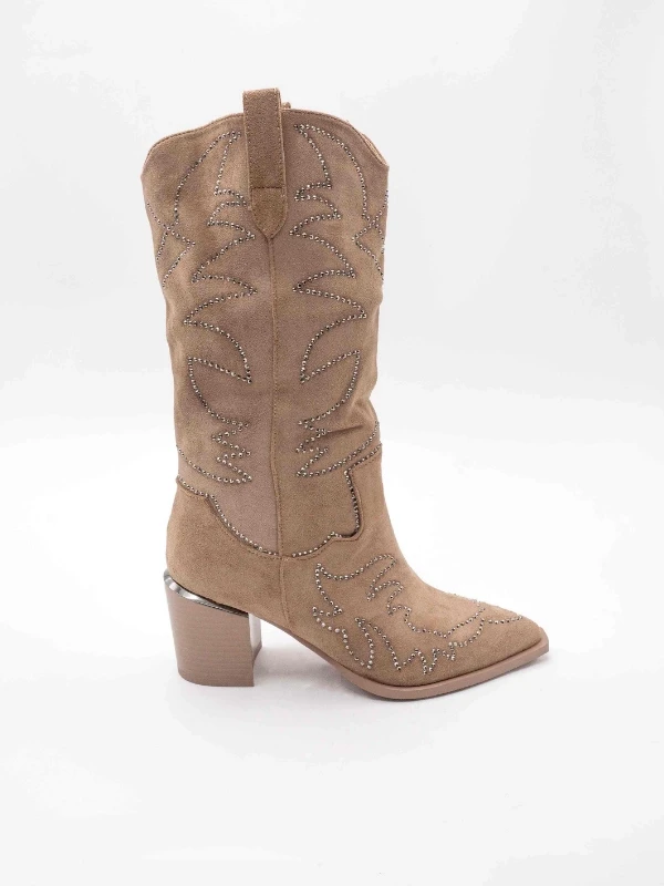 TAŞ DETAY TOPUKLU WESTERN BOT BEJ