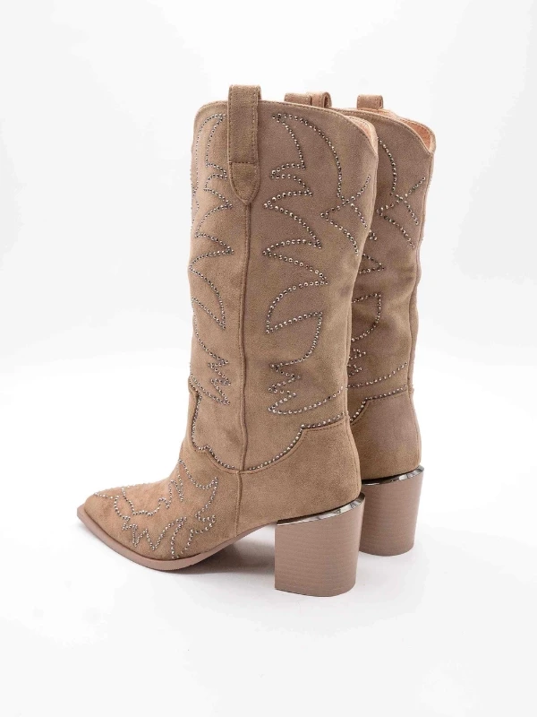 TAŞ DETAY TOPUKLU WESTERN BOT BEJ