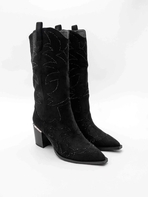 TAŞ DETAY TOPUKLU WESTERN BOT SİYAH