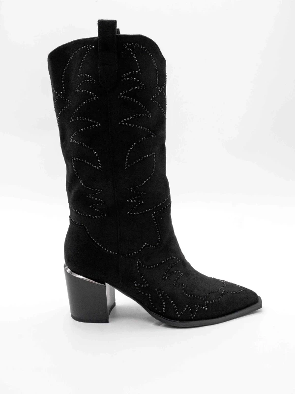 TAŞ DETAY TOPUKLU WESTERN BOT SİYAH