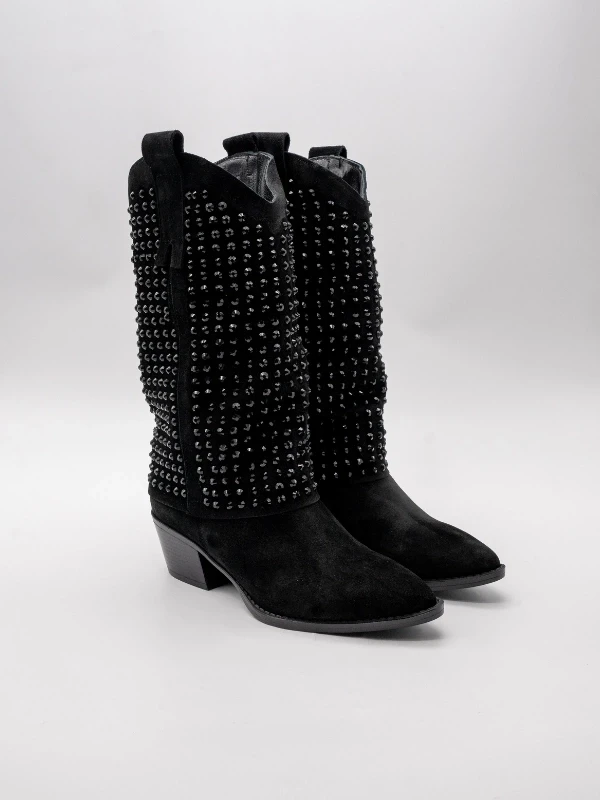 TAŞ İŞLEMELİ SÜET DERİ ÇİZME SİYAH