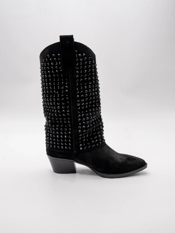 TAŞ İŞLEMELİ SÜET DERİ ÇİZME SİYAH