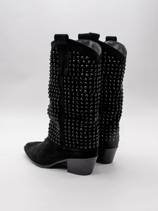 TAŞ İŞLEMELİ SÜET DERİ ÇİZME SİYAH