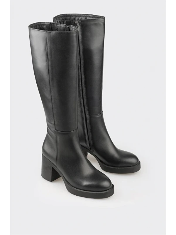 TOPUKLU FERMUAR DETAY DERİ ÇİZME SİYAH