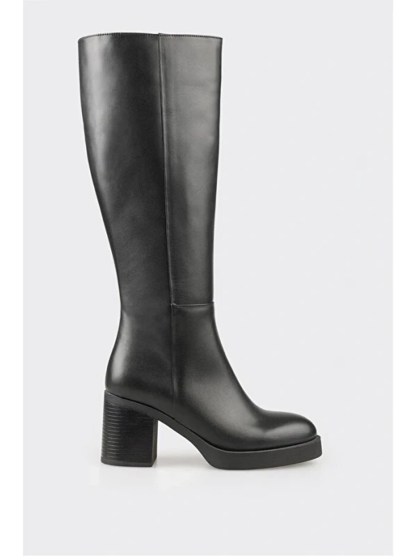 TOPUKLU FERMUAR DETAY DERİ ÇİZME SİYAH