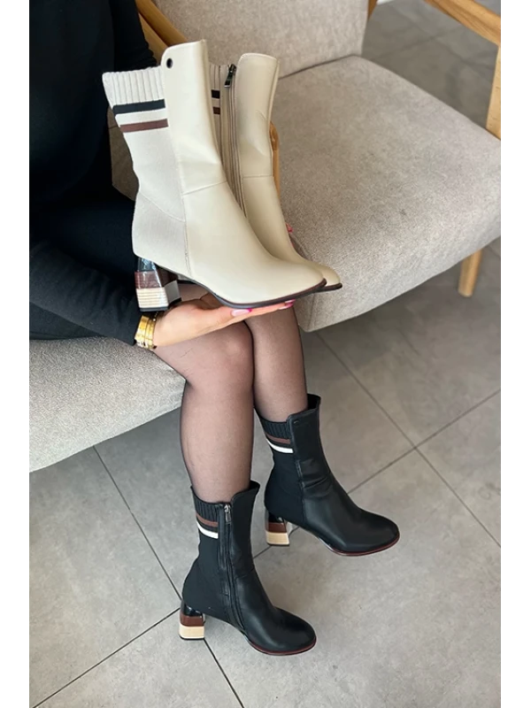 TRİKO RENKLİ TOPUK BOT BEJ