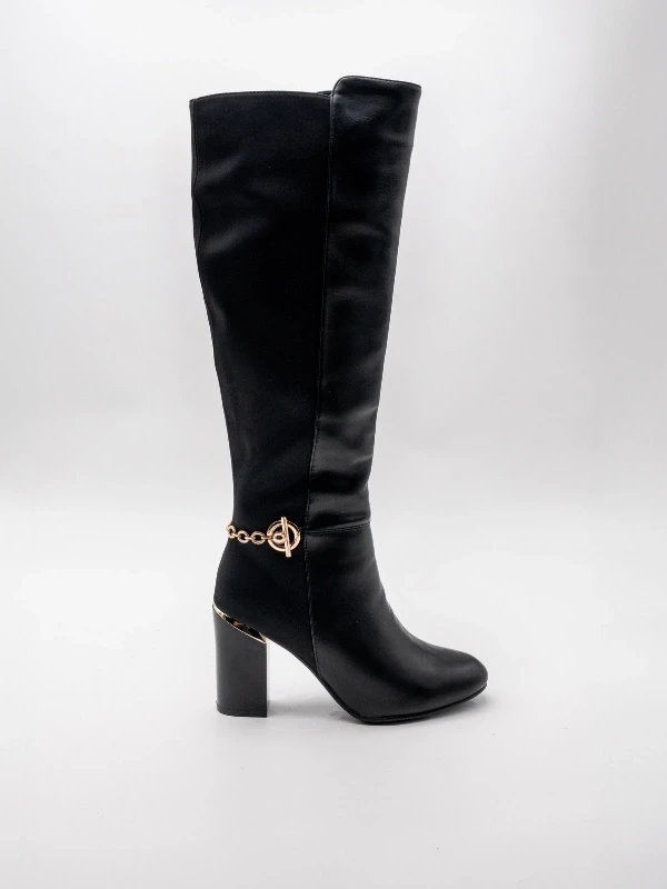 ZİNCİR DETAY TOPUKLU ÇİZME SİYAH