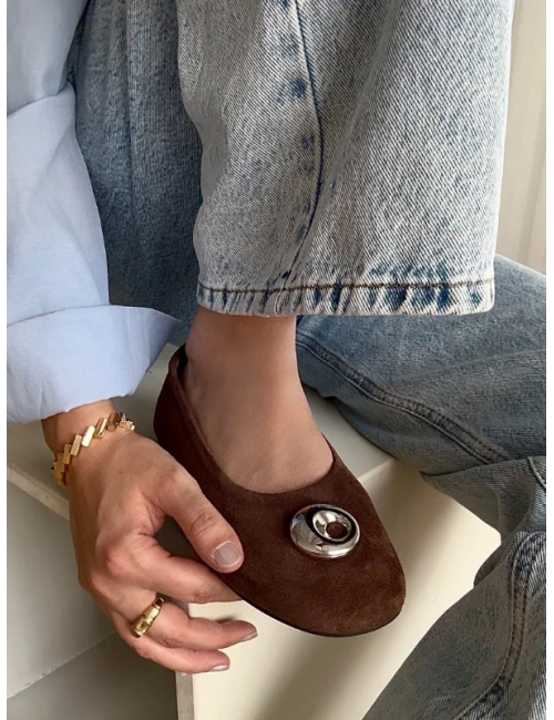 METAL TOK DETAY SÜET DERİ BABET KAHVE