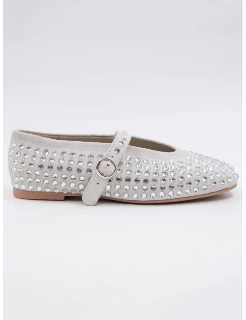 Süet Deri Taşlı Babet BEYAZ