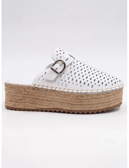 Hasır Kalın Taban Deri Terlik BEYAZ