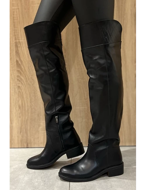 AHŞAP TABAN DETAYLI  UZUN ÇİZME SİYAH