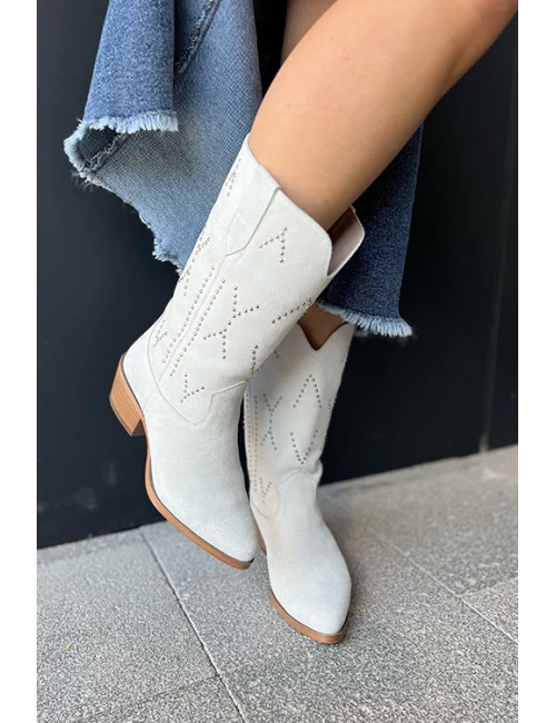 HAKİKİ DERİ SÜET WESTERN ÇİZME BEYAZ