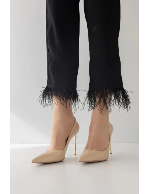 KROKO BASKI İĞNE TOPUK  BEJ