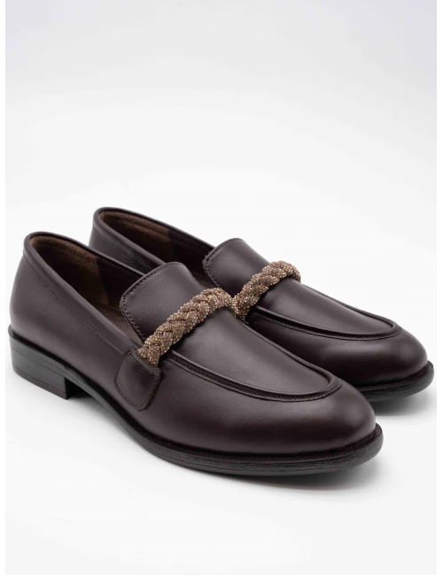 TAŞ DETAY DERİ LOAFER KAHVE