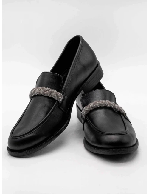TAŞ DETAY DERİ LOAFER SİYAH
