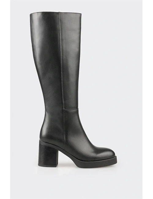 TOPUKLU FERMUAR DETAY DERİ ÇİZME SİYAH