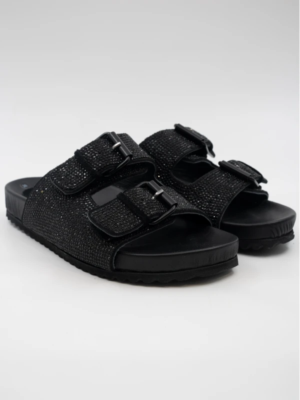 ÇİFT KEMERLİ TAŞLI DERİ TERLİK SİYAH