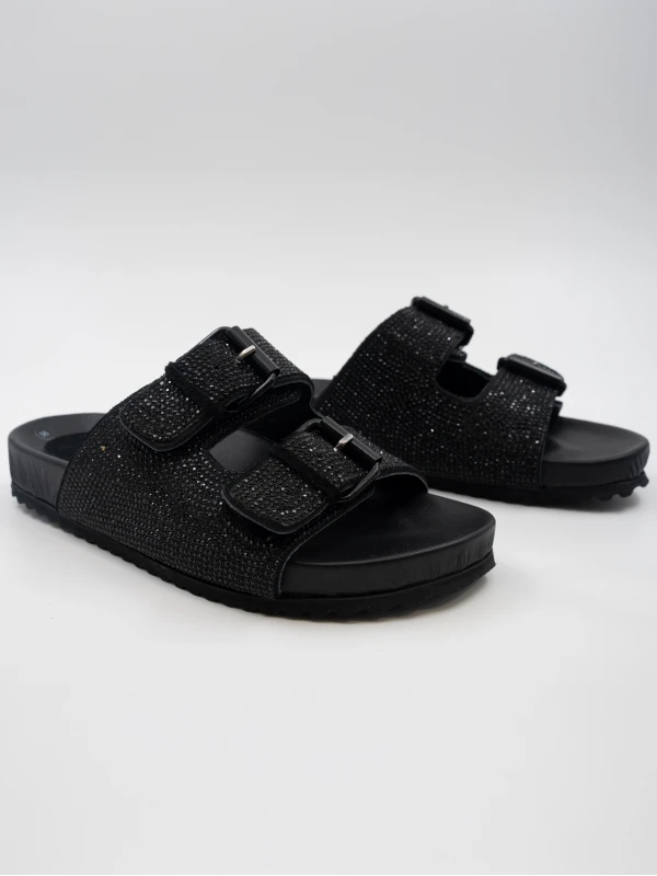 ÇİFT KEMERLİ TAŞLI DERİ TERLİK SİYAH