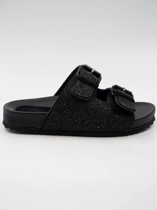 ÇİFT KEMERLİ TAŞLI DERİ TERLİK SİYAH