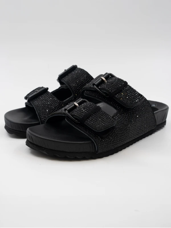 ÇİFT KEMERLİ TAŞLI DERİ TERLİK SİYAH