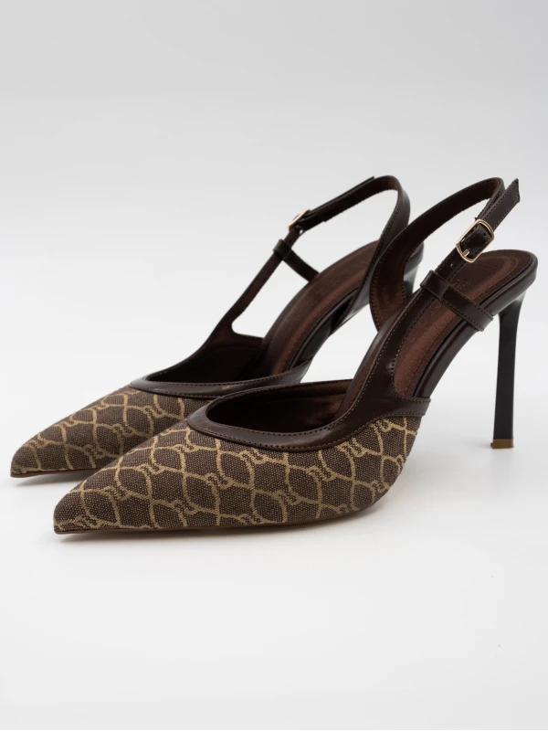 DESENLİ KUMAŞ DETAYLI TOPUKLU KAHVE