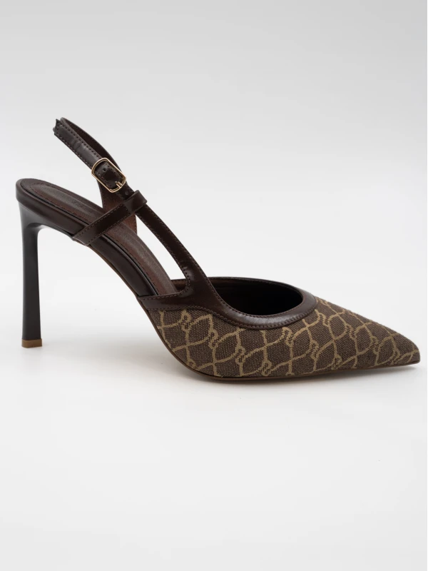 DESENLİ KUMAŞ DETAYLI TOPUKLU KAHVE