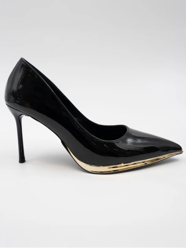 GOLD METAL DETAYLI DERİ STİLETTO SİYAH