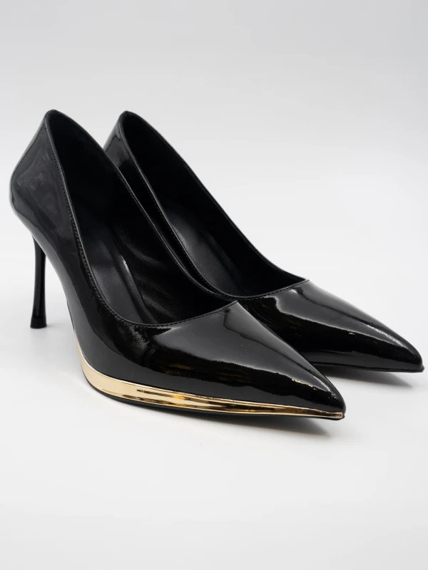 GOLD METAL DETAYLI DERİ STİLETTO SİYAH